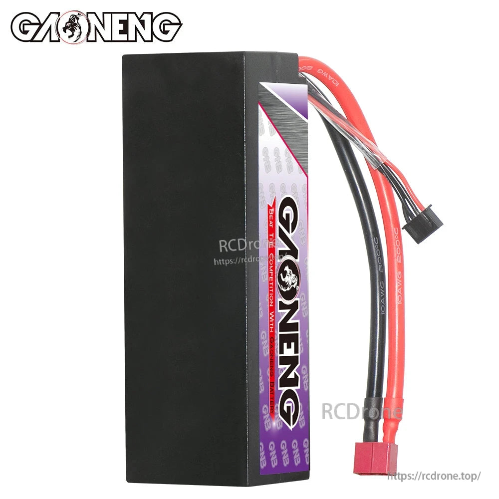 Side view of black hard case GAONENG battery showing thickness and cable routing to T-plug