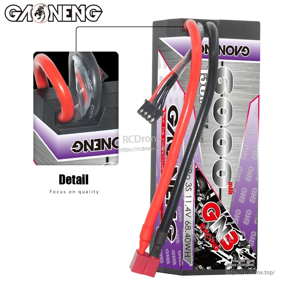 Detail close-up of wire exit and protective grommet on GAONENG GNB hard case LiPo battery