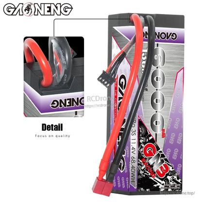 Detail close-up of wire exit and protective grommet on GAONENG GNB hard case LiPo battery
