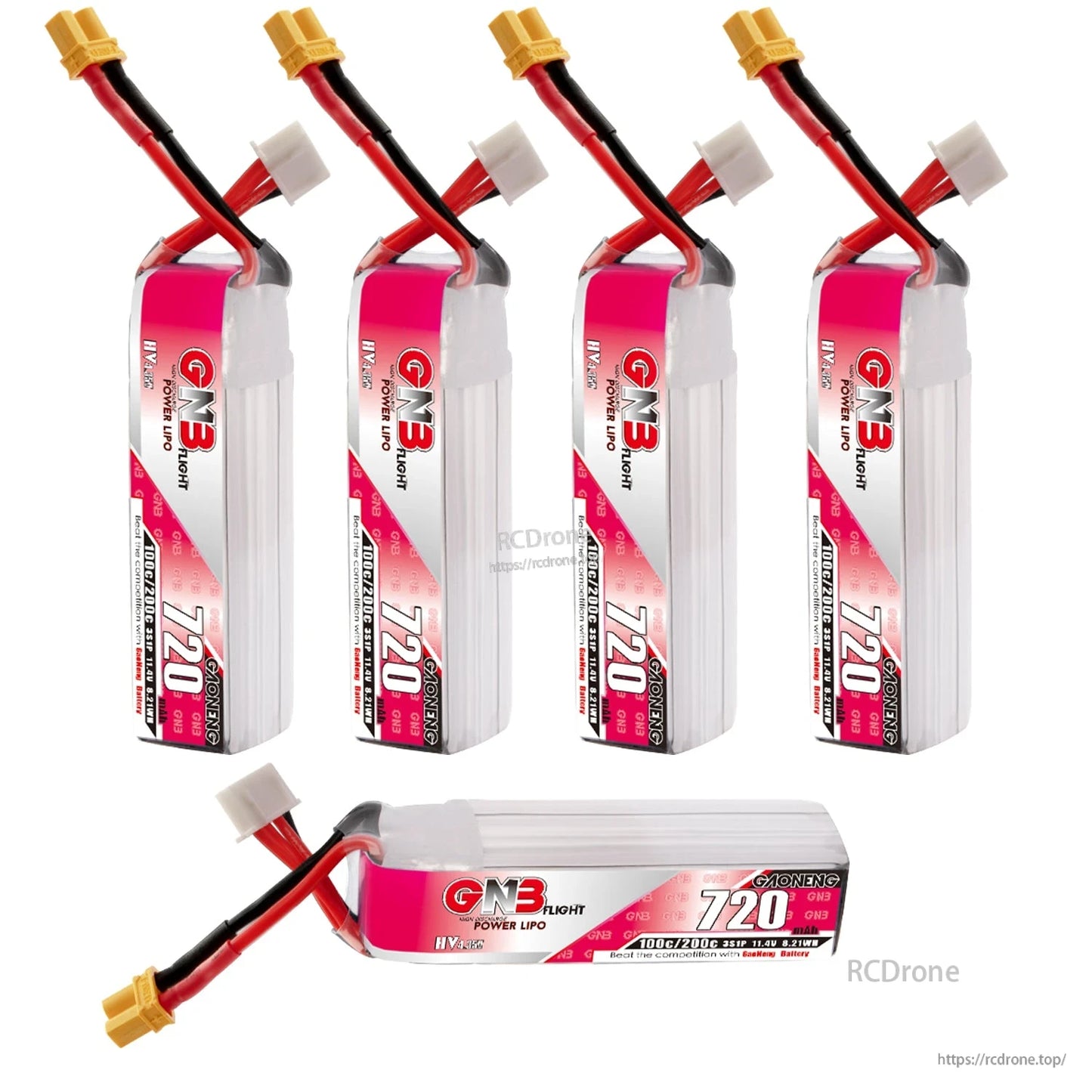 Bundle layout: four upright GNB 720mAh LiHV batteries plus one horizontal battery with XT30 lead