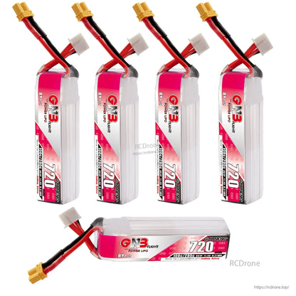 Bundle layout: four upright GNB 720mAh LiHV batteries plus one horizontal battery with XT30 lead