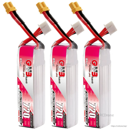 Three GAONENG GNB 720mAh LiHV batteries standing, showing leads, XT30 connectors, and balance plugs