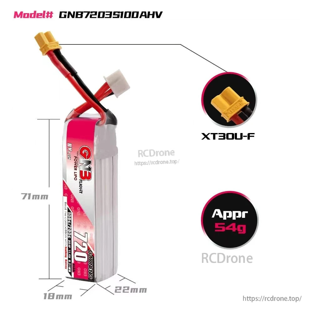 Battery size and weight diagram: GNB7203S100AHV, 71×22×18mm, approx 54g, XT30U-F plug