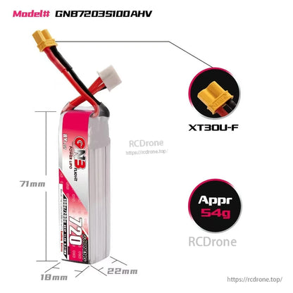 Battery size and weight diagram: GNB7203S100AHV, 71×22×18mm, approx 54g, XT30U-F plug