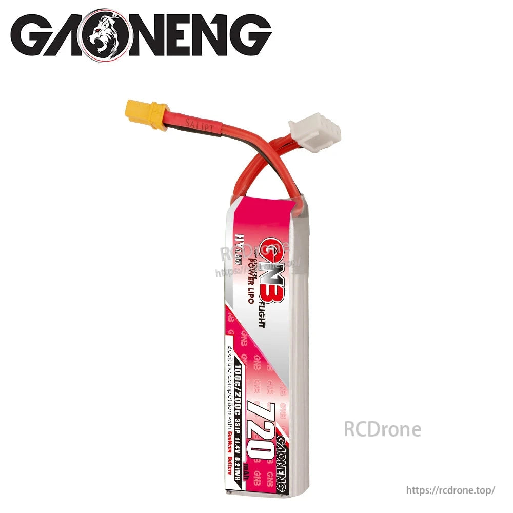 Single GAONENG GNB 720mAh LiHV battery standing upright with XT30 lead and white balance connector