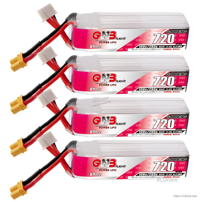 Four GAONENG GNB 720mAh LiHV 3S batteries stacked horizontally, XT30 connectors on left
