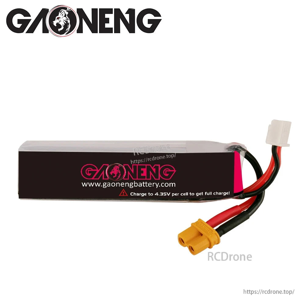 Rear label view showing gaonengbattery.com text and warning: charge to 4.35V per cell