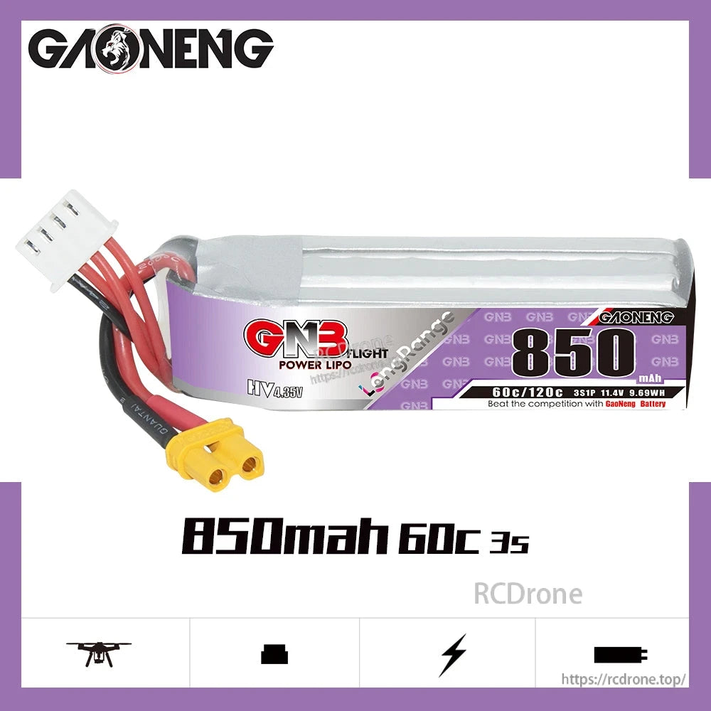 GAONENG GNB 850mAh 60C 3S LiHV battery side view with leads, label and icon strip