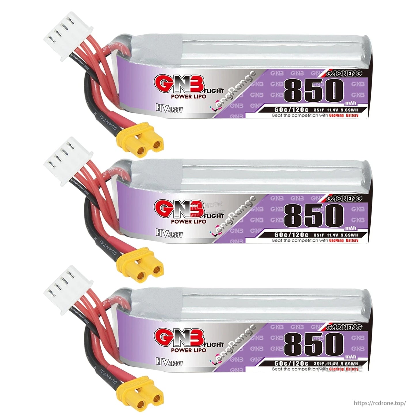 Three-pack lineup of GNB 850mAh 3S LiHV batteries with XT30 connectors, label facing