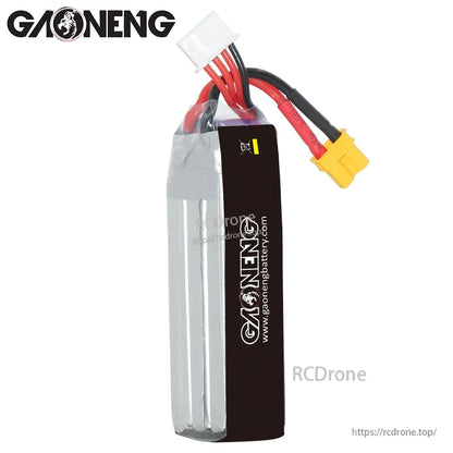 Rear label view of GAONENG battery with XT30 lead and balance connector visible