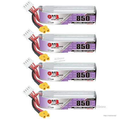 Four-pack lineup of GNB 850mAh 3S LiHV batteries with XT30 connectors on white background