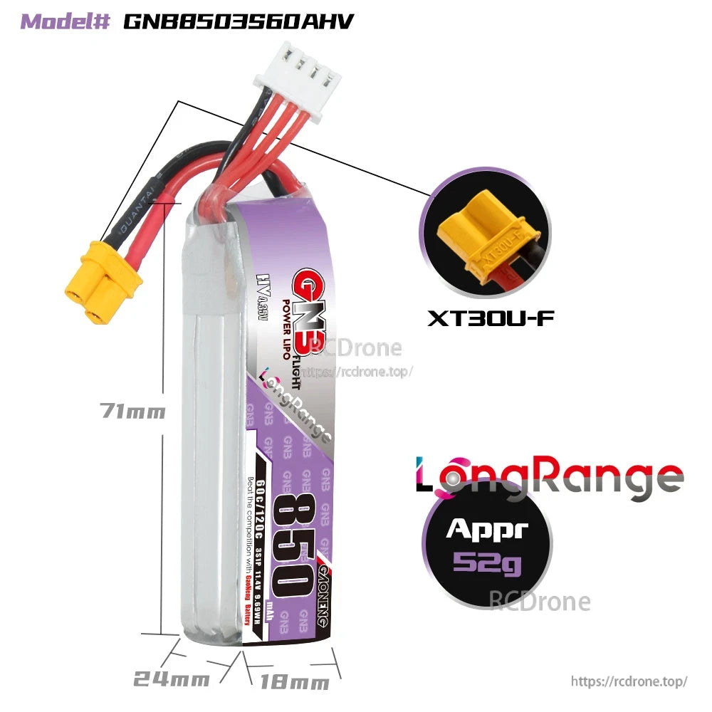 Battery dimensions graphic: 71mm length, 24mm width, 18mm height; XT30U-F plug; approx 52g