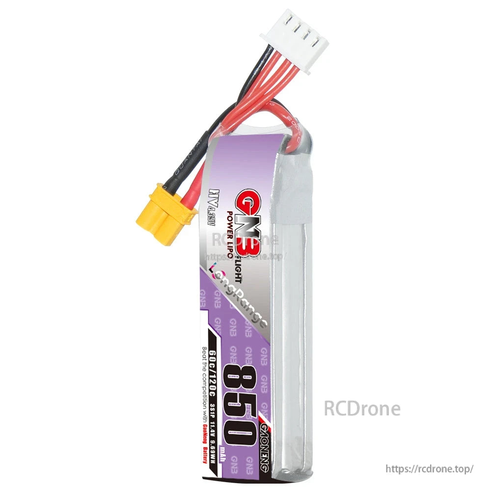 Upright side profile of GNB 850 LiHV battery showing slim pack shape and XT30 lead
