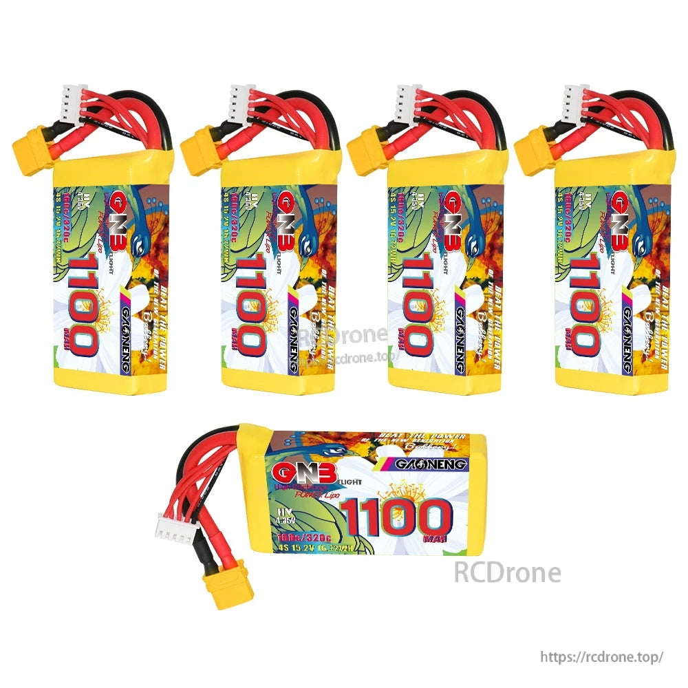 Set view with four upright packs plus one horizontal GNB 1100mAh battery showing label