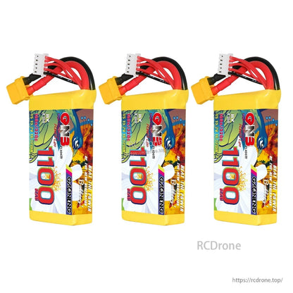 Three GNB 1100mAh LiHV battery packs displayed in a row with XT60 connectors