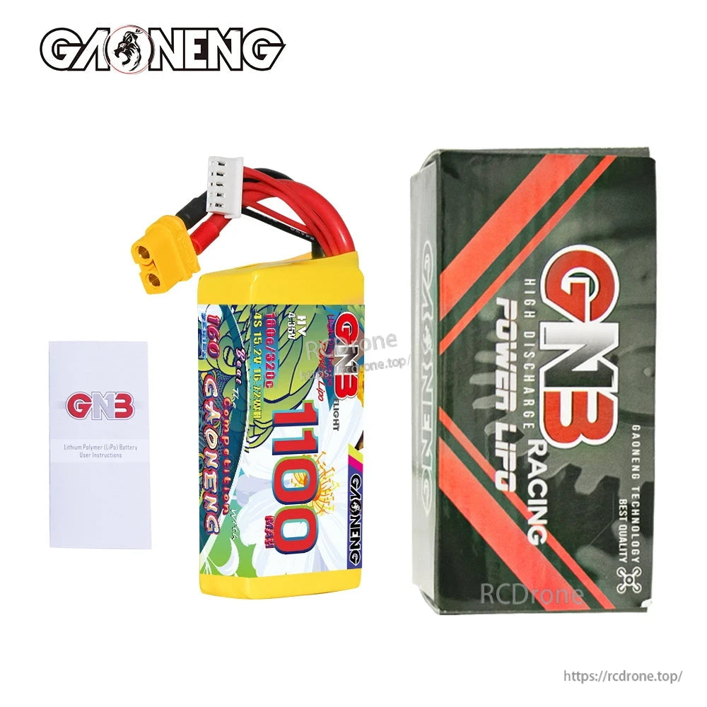 Package contents: GNB 1100mAh battery, GN3 Racing box, and instruction leaflet