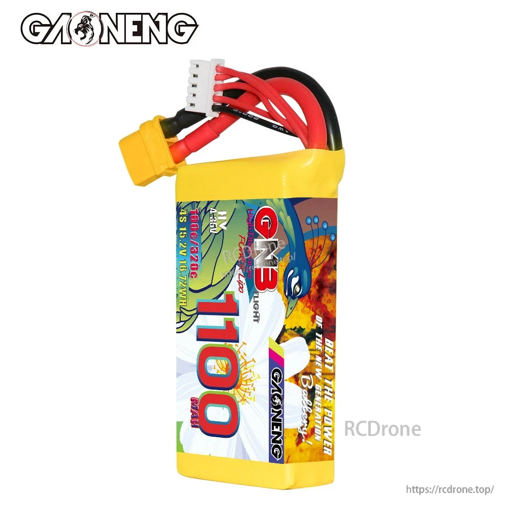 Side view of GAONENG GNB 1100mAh battery standing upright with XT60 lead on top