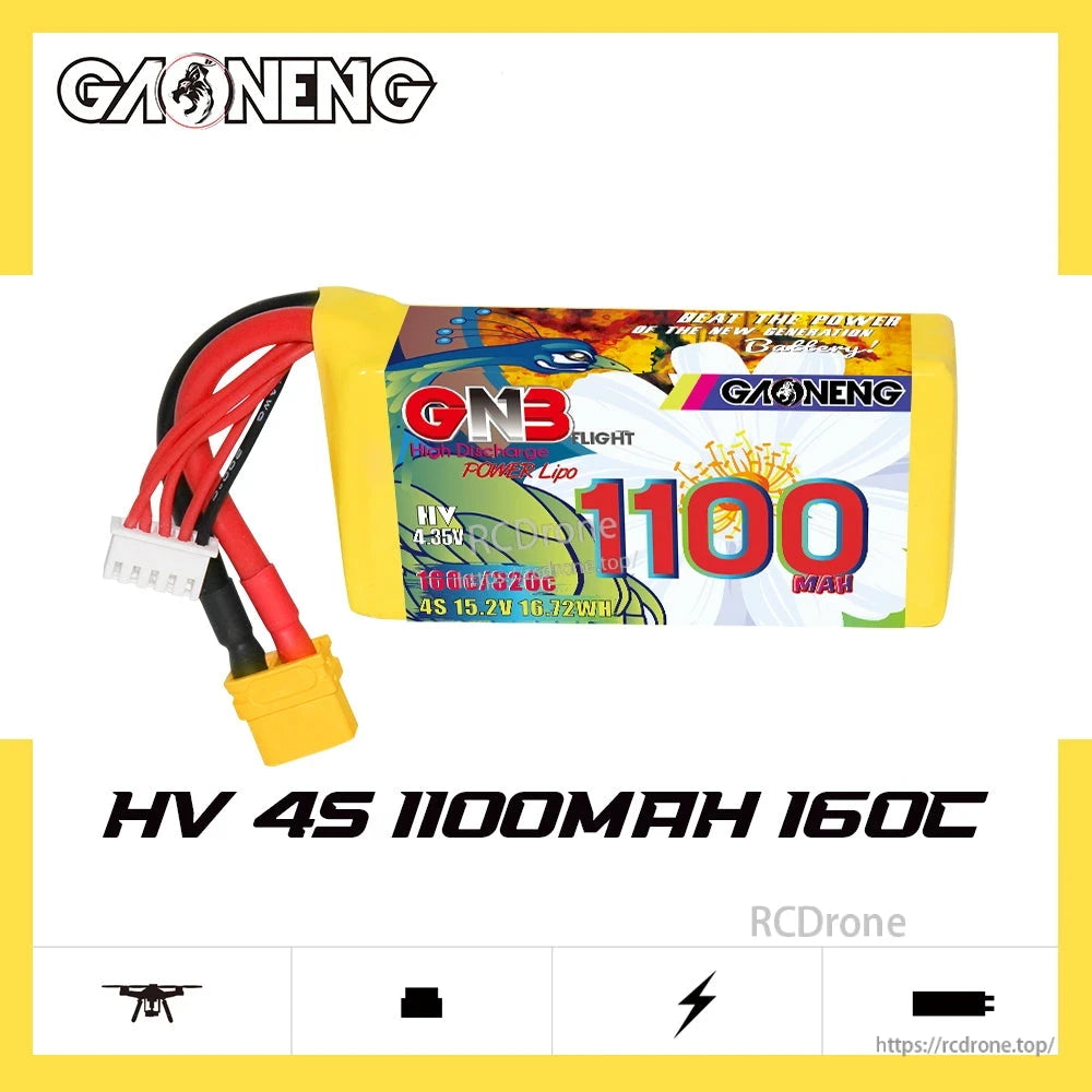 GAONENG GNB battery graphic showing HV 4S 1100mAh 160C branding on white background