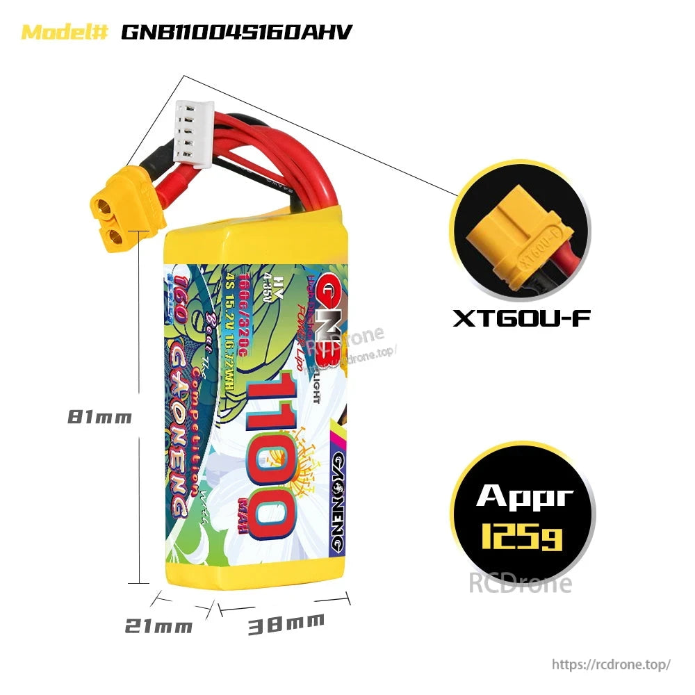 Battery dimensions and XT60U-F plug close-up, model GNB11004S160AHV, approx 125g
