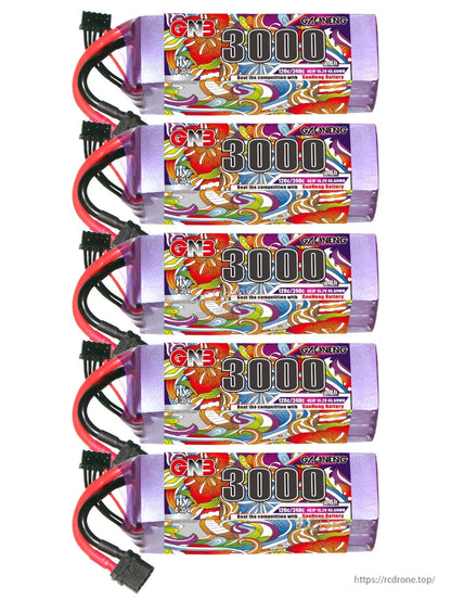 Five GNB 3000 LiHV batteries shown stacked horizontally with XT60 leads on left