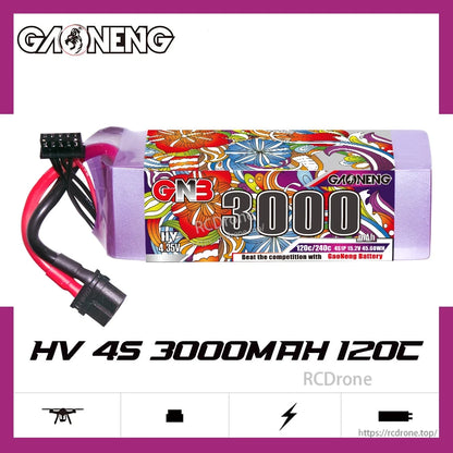 GAONENG GNB 4S 3000mAh 120C LiHV battery label view with XT60 lead, on-spec graphic