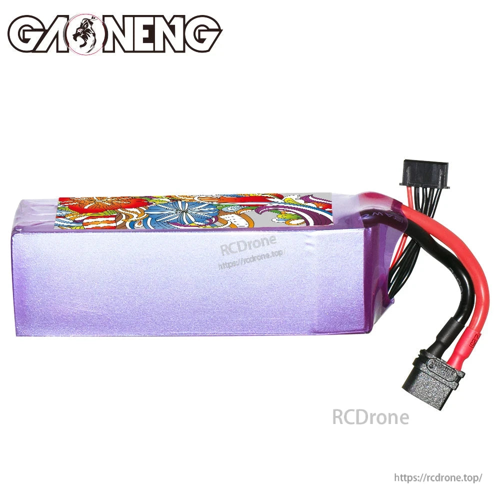 Side profile of purple hardcase LiHV battery showing smooth case and attached leads