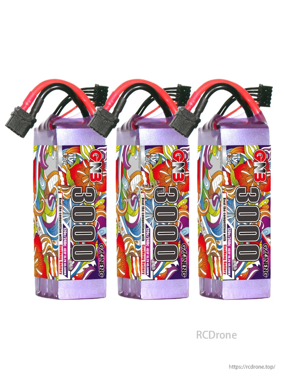 Three GNB 3000mAh LiHV 4S LiPo batteries shown upright with XT60 plugs