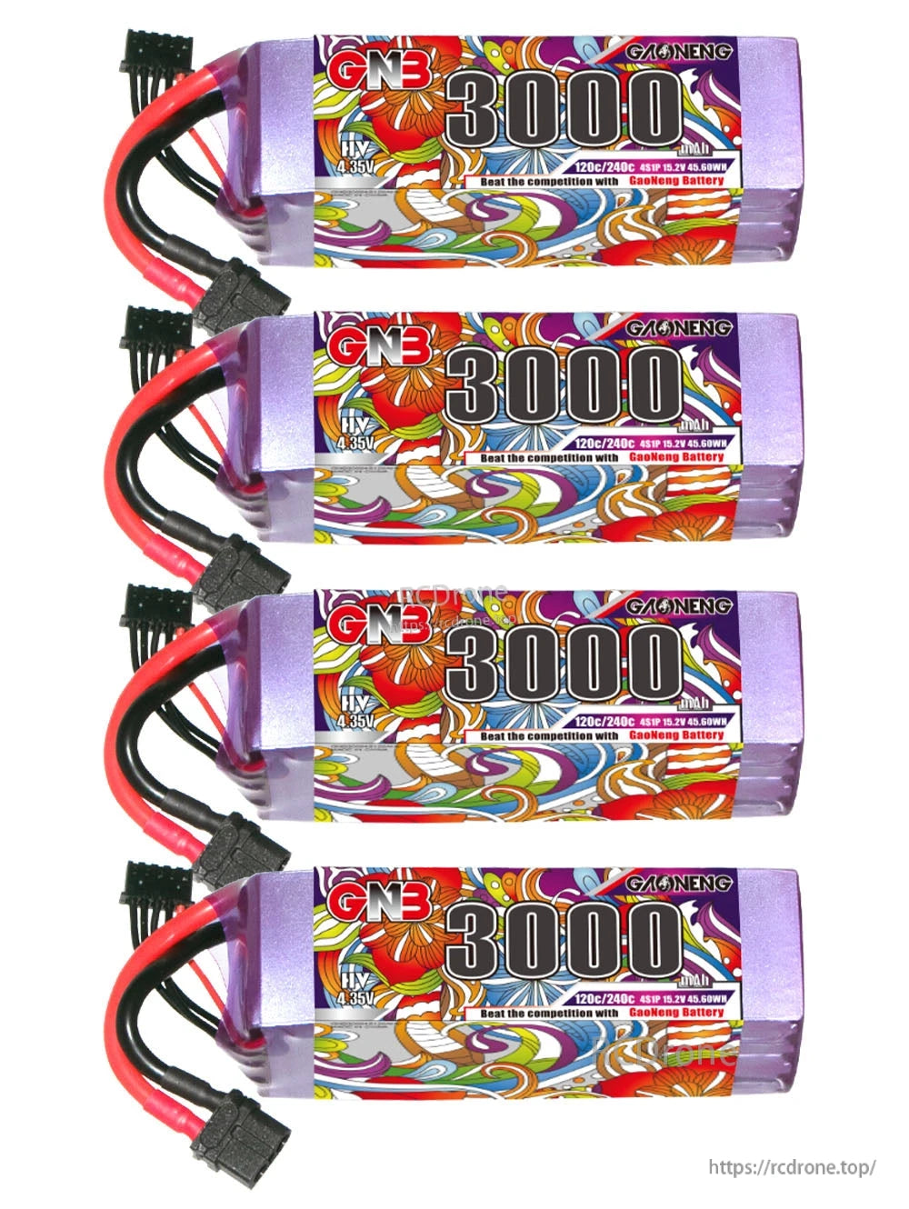 Four GNB 3000 LiHV batteries shown stacked horizontally, label side visible