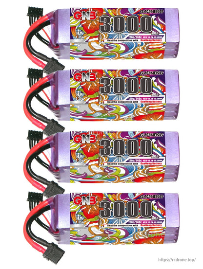 Four GNB 3000 LiHV batteries shown stacked horizontally, label side visible