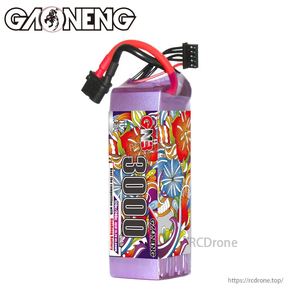 Upright front view of GAONENG GNB 3000 LiHV battery showing wrap design and wire exit