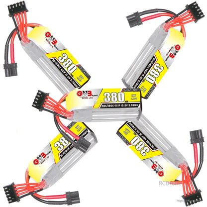 Five GAONENG GNB 380mAh 4S LiHV batteries arranged in star layout, connectors visible