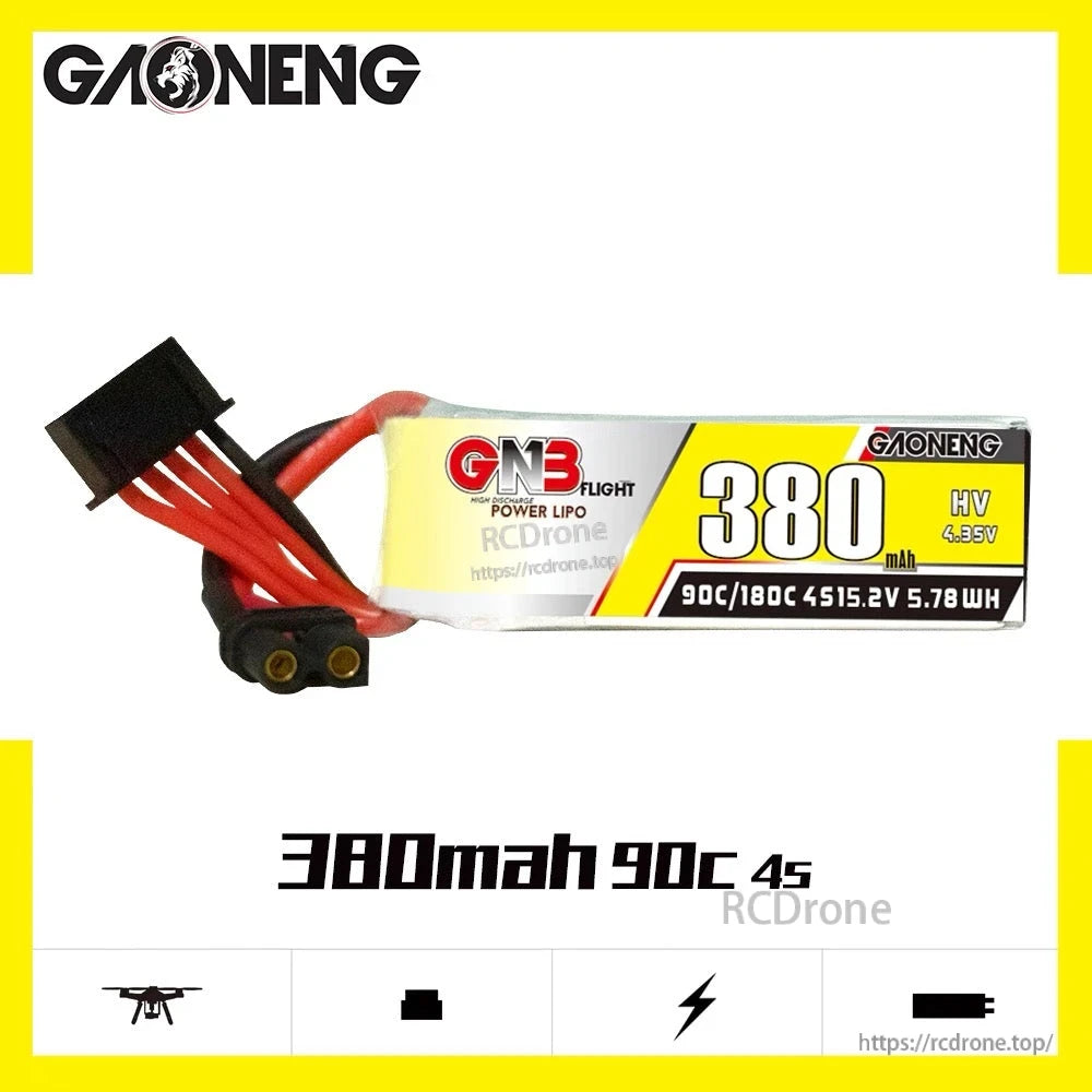 GAONENG GNB 380mAh 90C 4S LiHV XT30 LiPo battery on white background with branding