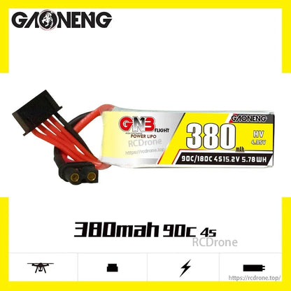 GAONENG GNB 380mAh 90C 4S LiHV XT30 LiPo battery on white background with branding