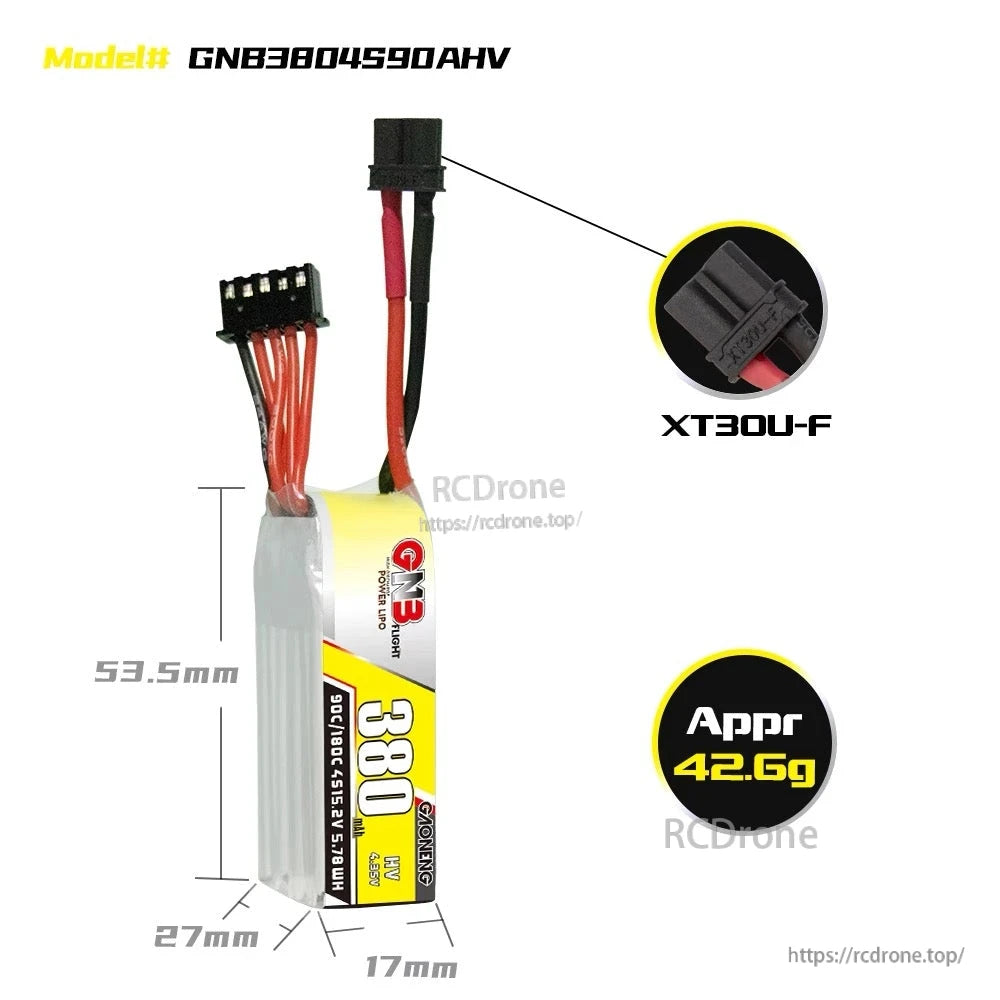 Size and weight diagram for GNB3804S90AHV battery with XT30U-F connector and dimensions