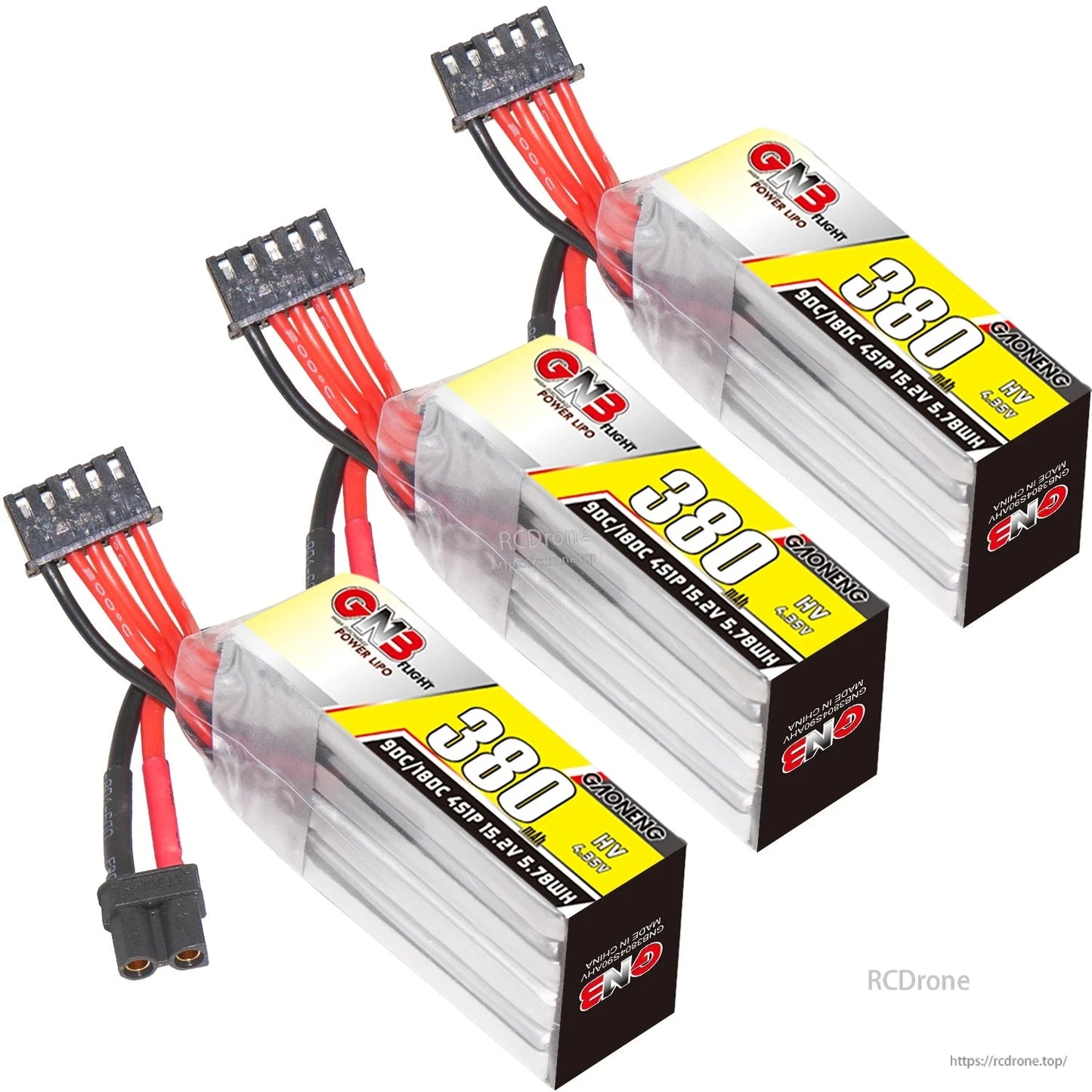 Three GNB 380mAh 4S LiHV batteries bundle shown with balance leads and XT30 power connectors