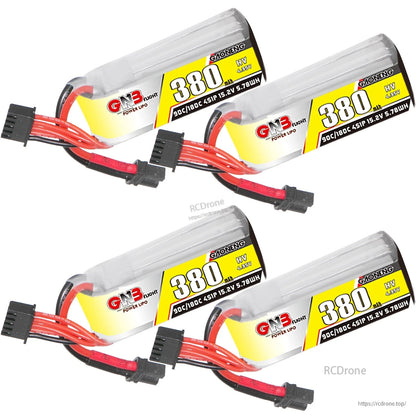 Four-pack display of GNB 380mAh 4S LiHV micro FPV batteries showing labels and wiring leads