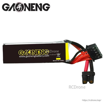 Rear/side view of GAONENG battery showing gaonengbattery.com label and XT30 plus balance plug