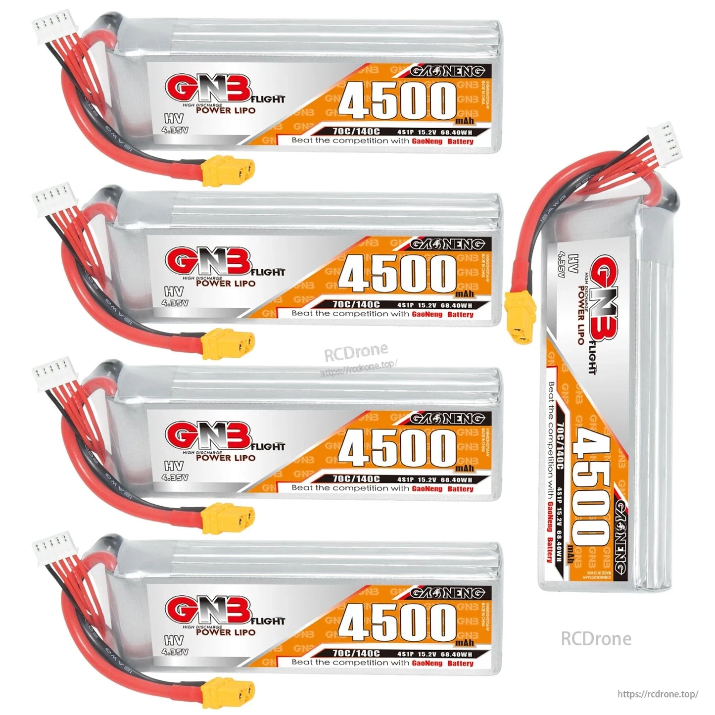 Bundle display: four batteries laid flat plus one standing upright, all GNB 4500mAh 4S packs