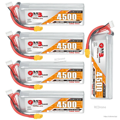 Bundle display: four batteries laid flat plus one standing upright, all GNB 4500mAh 4S packs