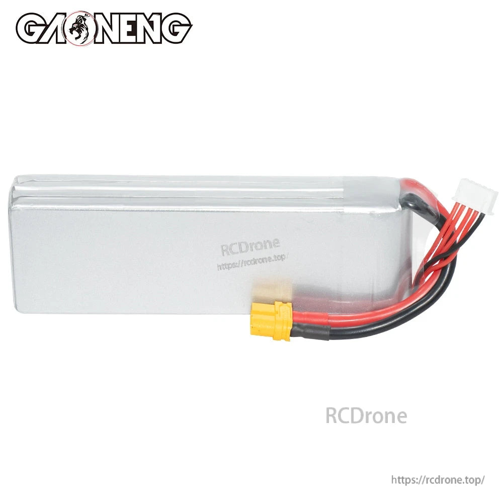 Rear view of silver LiPo pack without label, showing XT60 plug and balance connector wires