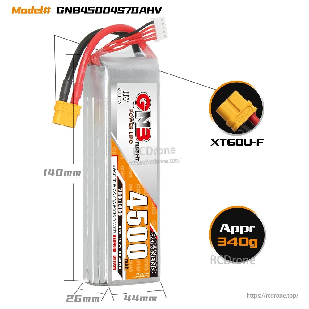 GNB45004570AHV battery dimensions diagram 140 x 44 x 26 mm with XT60U-F connector close-up