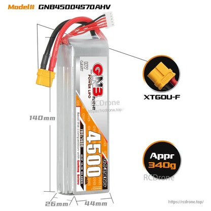 GNB45004570AHV battery dimensions diagram 140 x 44 x 26 mm with XT60U-F connector close-up