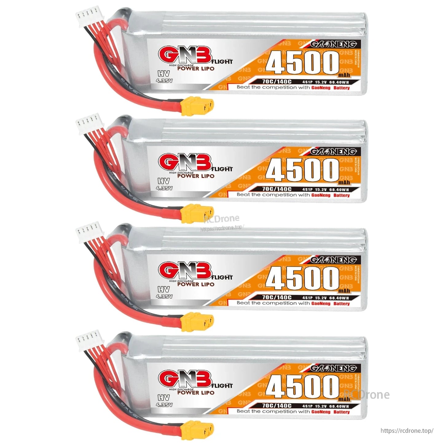 Four GNB 4500mAh LiHV 4S batteries stacked vertically with leads and XT60 connectors