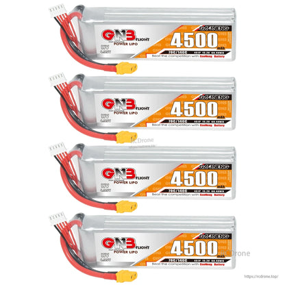 Four GNB 4500mAh LiHV 4S batteries stacked vertically with leads and XT60 connectors