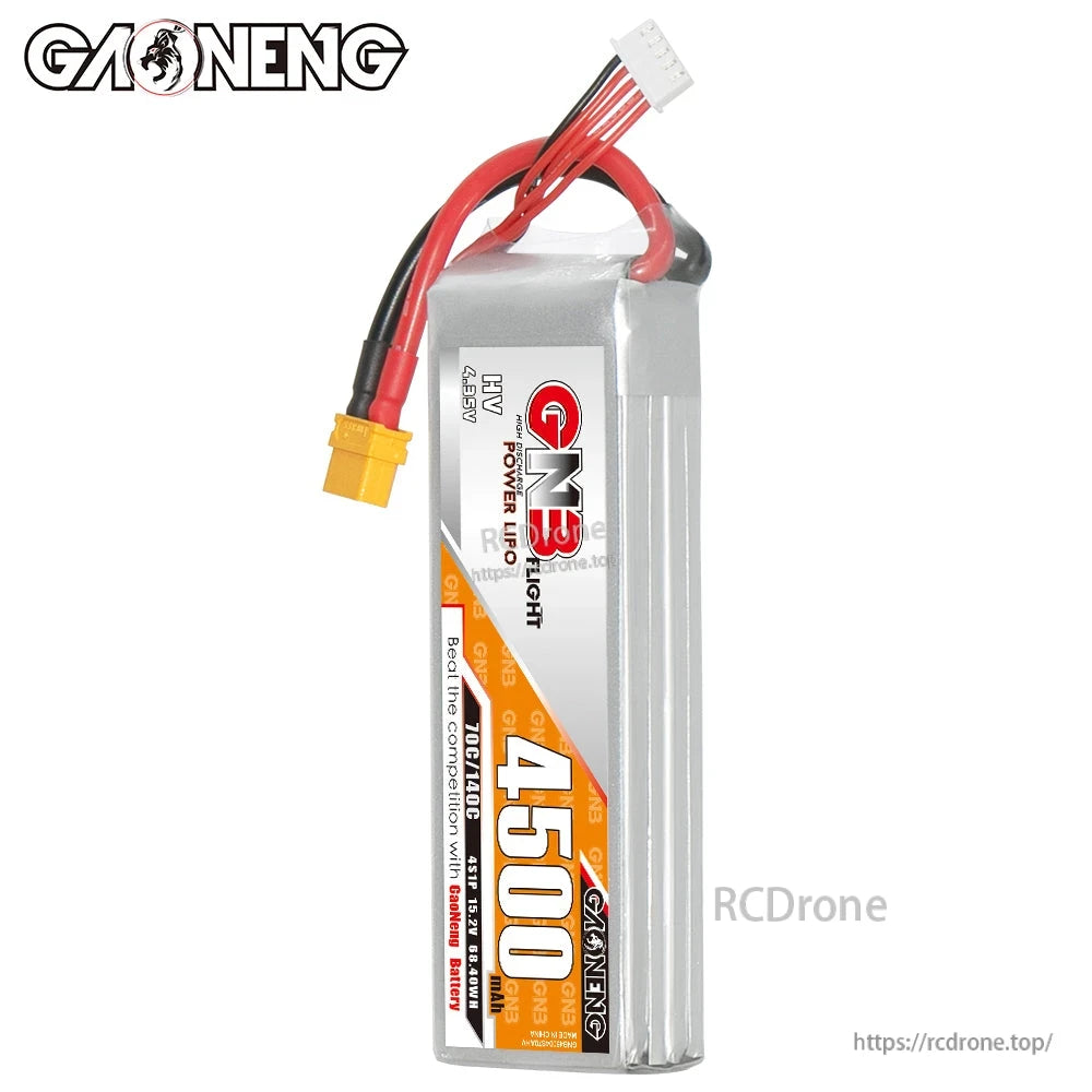 Side profile of GNB HV 4S 4500mAh battery showing thickness and wire exit at top