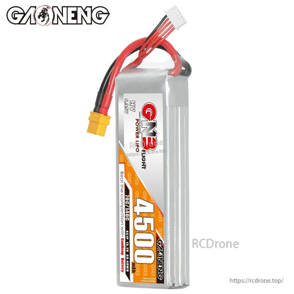 Side profile of GNB HV 4S 4500mAh battery showing thickness and wire exit at top