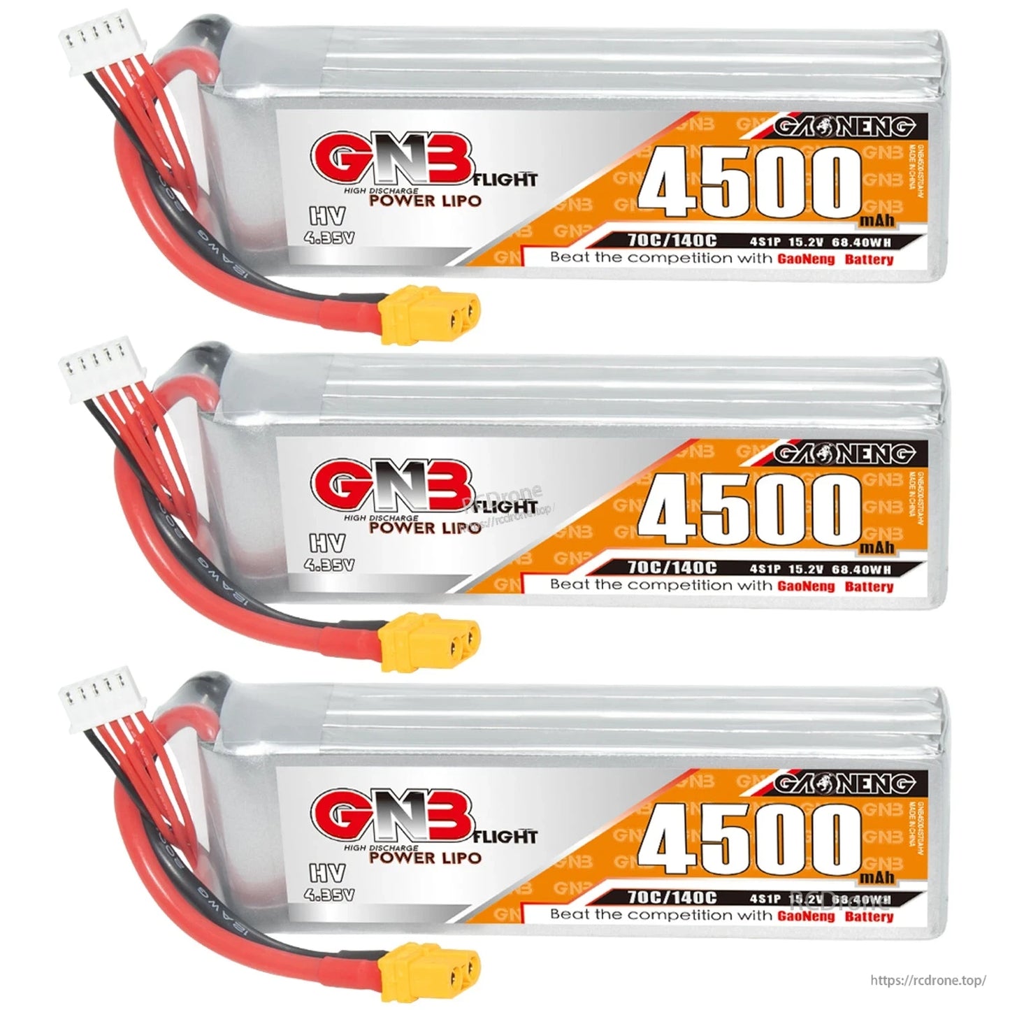 Three GNB 4500mAh LiHV 4S batteries stacked, each with XT60 connector and balance lead