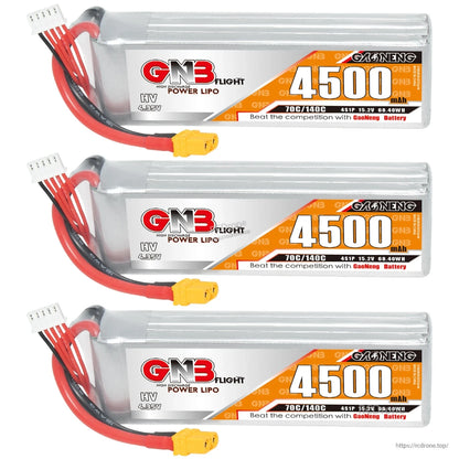 Three GNB 4500mAh LiHV 4S batteries stacked, each with XT60 connector and balance lead