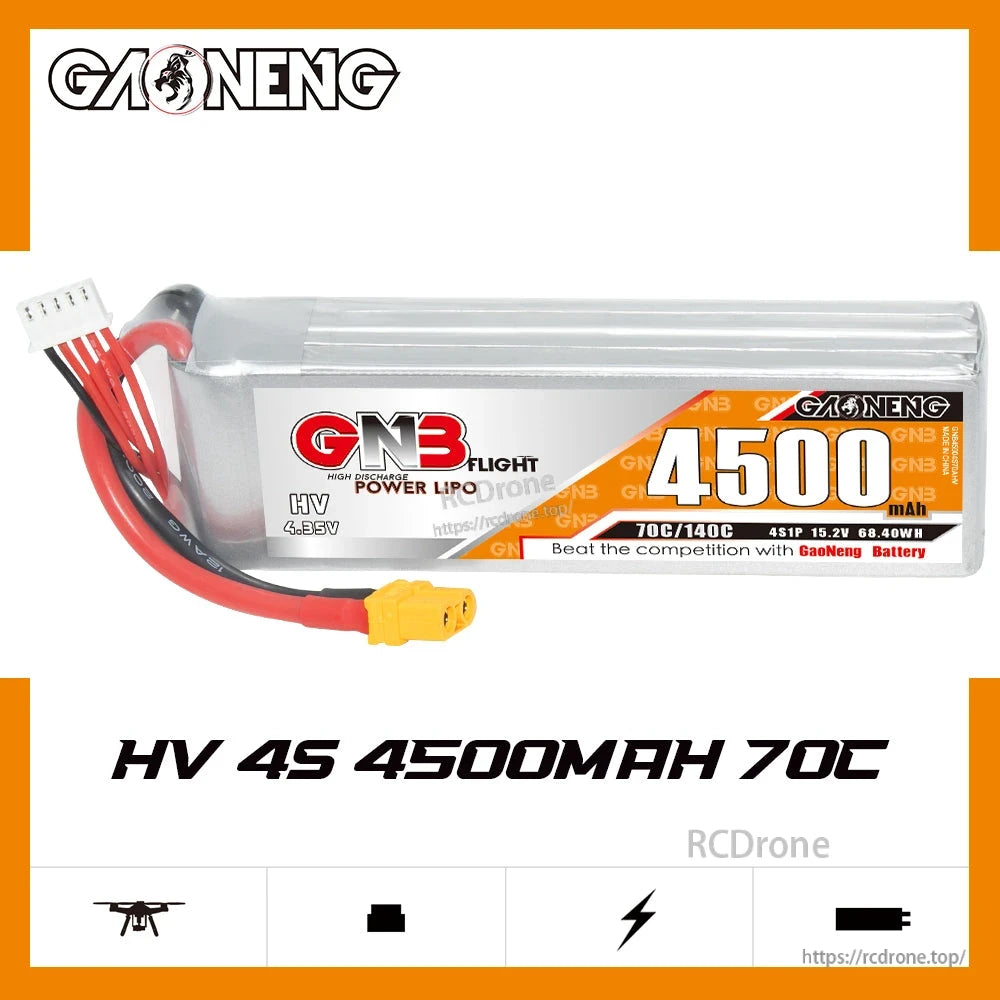 GAONENG GNB HV 4S 4500mAh 70C LiPo battery product graphic with specs and icons