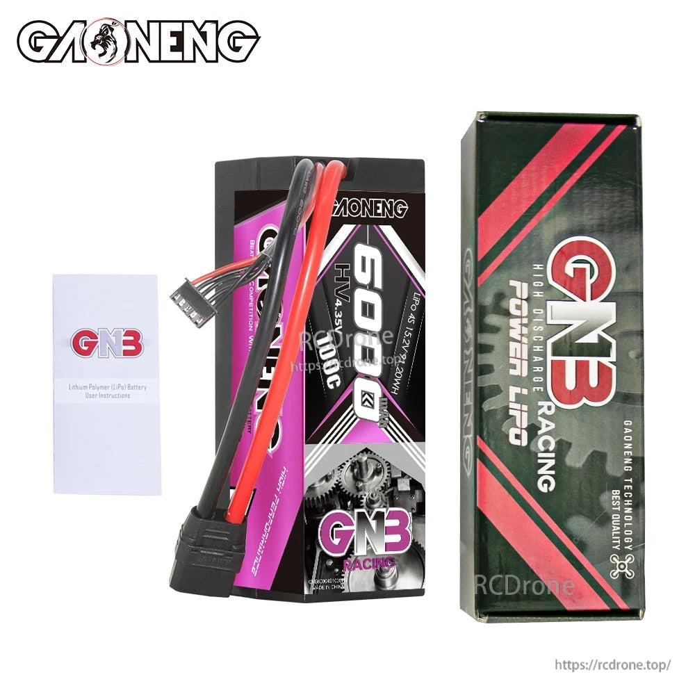 Package contents: GAONENG GNB 6000mAh hard case battery, retail box, and user manual booklet